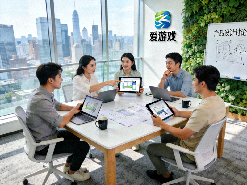爱游戏团队在现代化办公室中讨论产品设计的场景